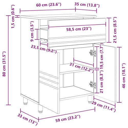 Шкаф със светло за баня Сив Сонома 60 x 35 x 80 см