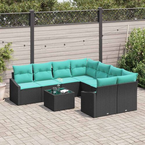 Комплект дивани с възглавница 9 pcs Черен и Тюркоаз полиратан