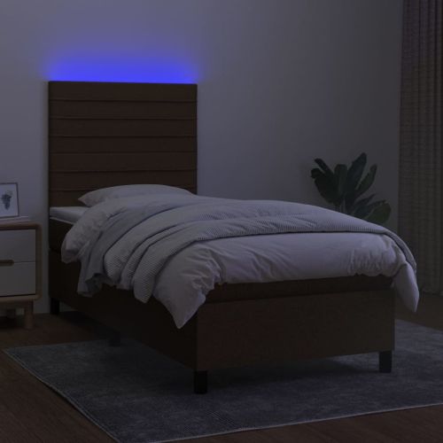Боксспринг легло с матрак и LED, тъмнокафяво, 100x200 см, плат