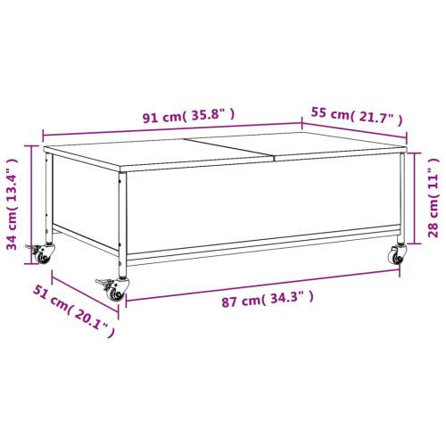 Маса за кафе с колелца опушен дъб 91x55x34 см инженерно дърво