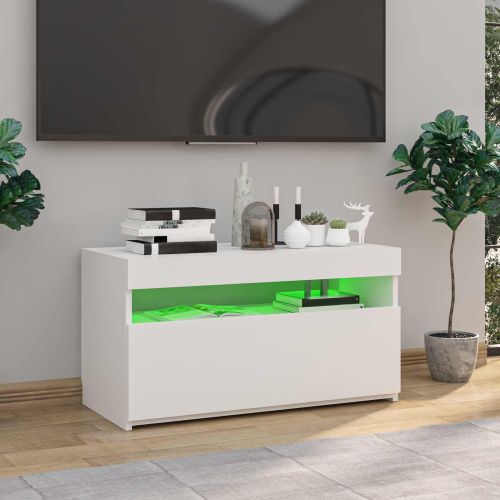 ТВ шкаф с LED осветление, бял, 75x35x40 см