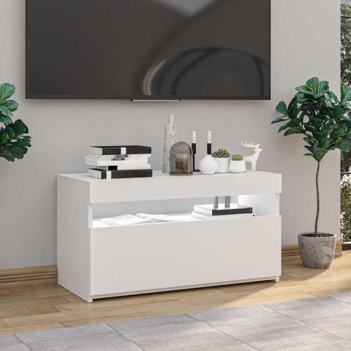 ТВ шкаф с LED осветление, бял, 75x35x40 см