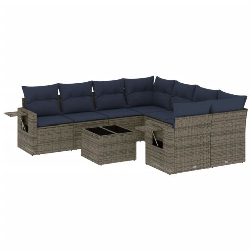 Градински комплект дивани с възглавници, 9 части, сив, полиратан