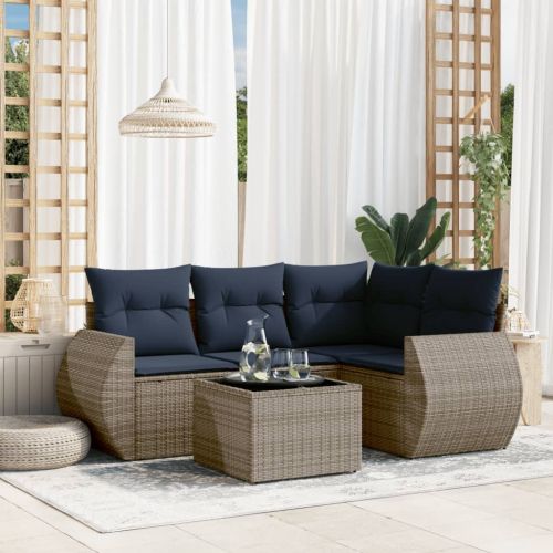 Комплект градински дивани от 5 части с възглавници, сив, полиратан