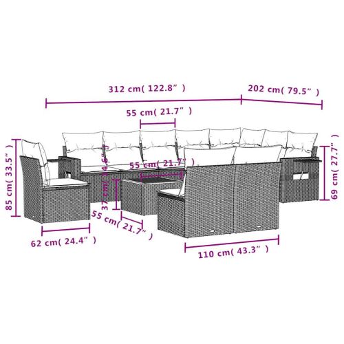 Комплект градински дивани с възглавници, 11 части, черен полиратан