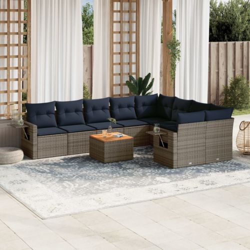 Комплект градински дивани с възглавници, 10 части, сив, полиратан