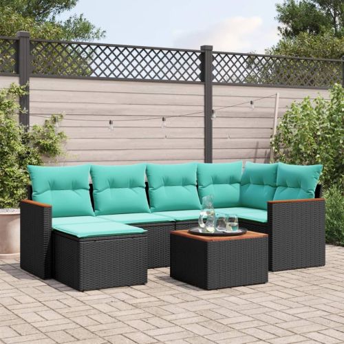 Градински комплект дивани с възглавници, 7 части, черен полиратан