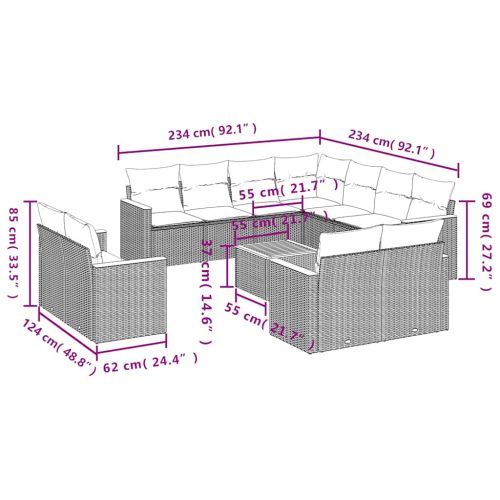 Комплект градински дивани с възглавници, 12 части, черен полиратан