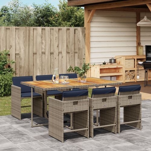 Градински комплект за хранене, 7 части, с възглавници, сив, полиратан