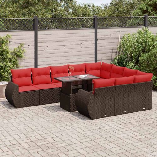 Градински комплект дивани с възглавници, 11 части, кафяв, полиратан, акация