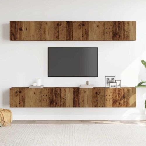 Комплект стенен ТВ шкаф, 4 части, старо дърво, 100x30x30 см