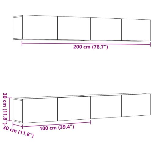 Комплект стенен ТВ шкаф, 4 части, дъбов, 100x30x30 см
