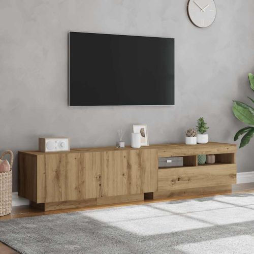 ТВ шкаф с LED осветление, дъбов художествен занаятчийски, 180x35x40 см, инженерно дърво