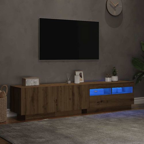 ТВ шкаф с LED осветление, дъбов художествен занаятчийски, 180x35x40 см, инженерно дърво