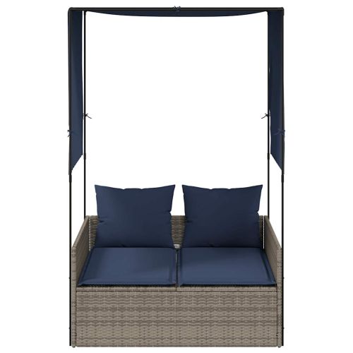 Двоен шезлонг с покрив и завеси, сив, полиратан