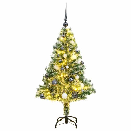 Изкуствена коледна елха, 150 LED, топки и флокиран сняг, 120 см