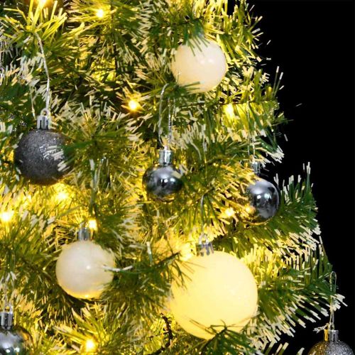 Изкуствена коледна елха, 150 LED, топки и флокиран сняг, 120 см