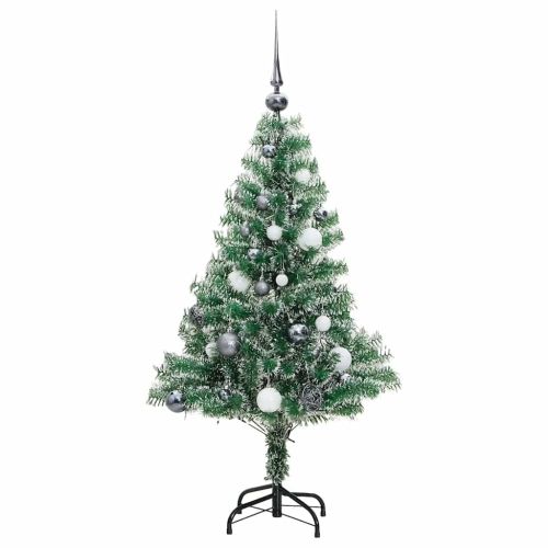 Изкуствена коледна елха, 150 LED, топки и флокиран сняг, 120 см