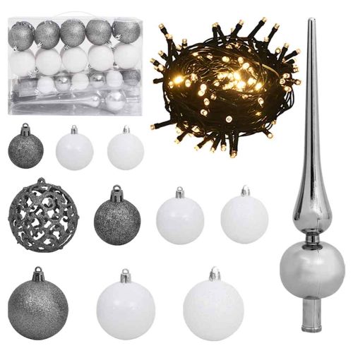 Изкуствена коледна елха, 150 LED, топки и флокиран сняг, 120 см