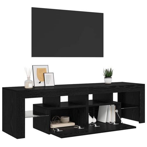 ТВ шкаф с LED осветление, черен дъб, 140x36,5x40 см, инженерно дърво