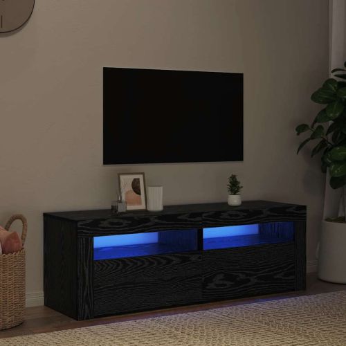 ТВ шкаф с LED осветление, черен дъб, 120x35x40 см, инженерно дърво