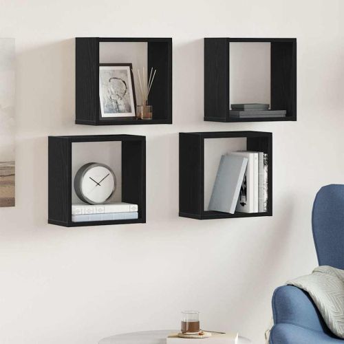 Стенни кубични рафтове, 4 бр., черен дъб, 30x15x30 см, инженерно дърво