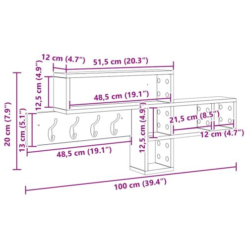 Стенен закачалка за палта с рафт Сив Сонома 100 x 12 x 43,5 см
