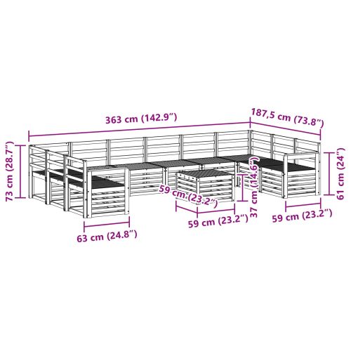 Комплект дивани за открито 11 pcs Бяло 59 x 59 x 37 см