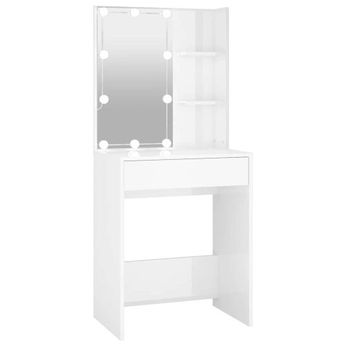 Тоалетка с LED, бял гланц, 60x40x140 см
