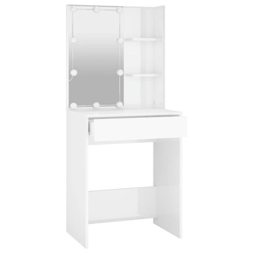 Тоалетка с LED, бял гланц, 60x40x140 см