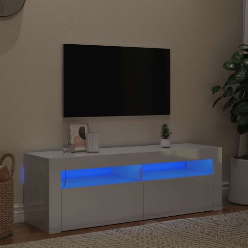 ТВ шкаф с LED осветление, бял гланц, 120x35x40 см