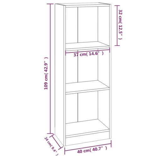 Библиотека на 3 нива, сив сонома, 40x24x109 см, инженерно дърво