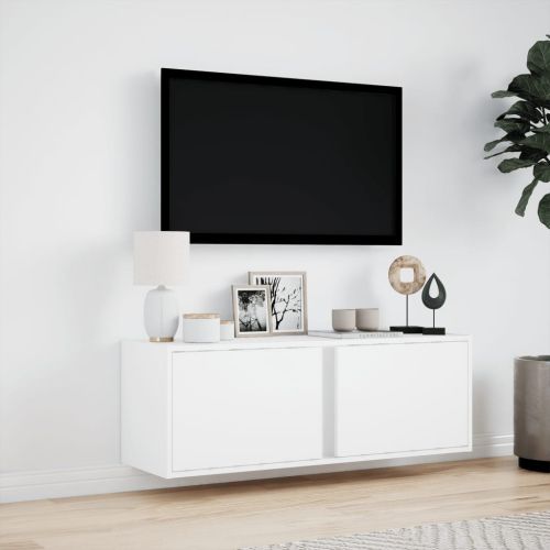 Стенен ТВ шкаф с LED осветление, бял, 100x31x35 см