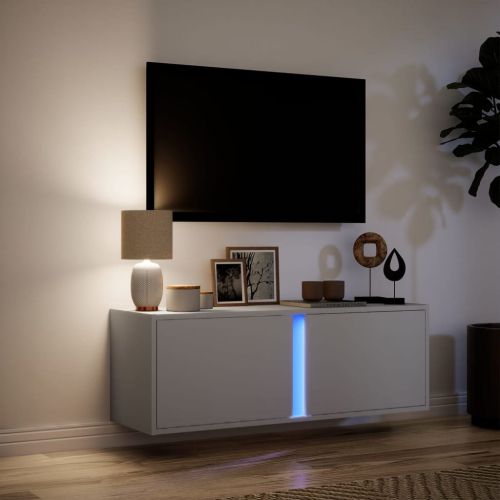 Стенен ТВ шкаф с LED осветление, бял, 100x31x35 см