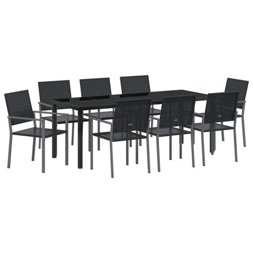 Комплект за хранене в градината 9 pcs Черно ПЕ ратан