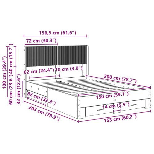Рамка за легло с място за съхранение и табла Опушен дъб