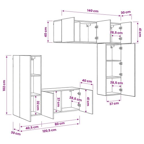 Телевизионен стенен шкаф 5 pcs Черен дъб Инженерно дърво