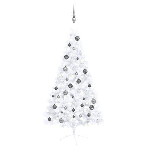 Изкуствена светеща половин коледна елха с топки бяла 150 см
