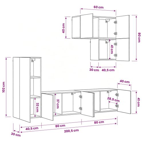 Телевизионен стенен шкаф 5 pcs Черния дъб Инженерно дърво