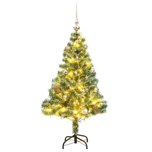 Изкуствена коледна елха, 150 LED, топки и флокиран сняг, 120 см