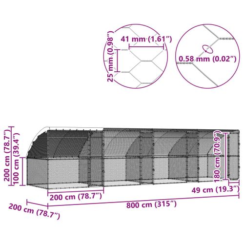 Клетка за пилета 4 pcs Сребрист 800 x 200 x 200 см Стомана и PE