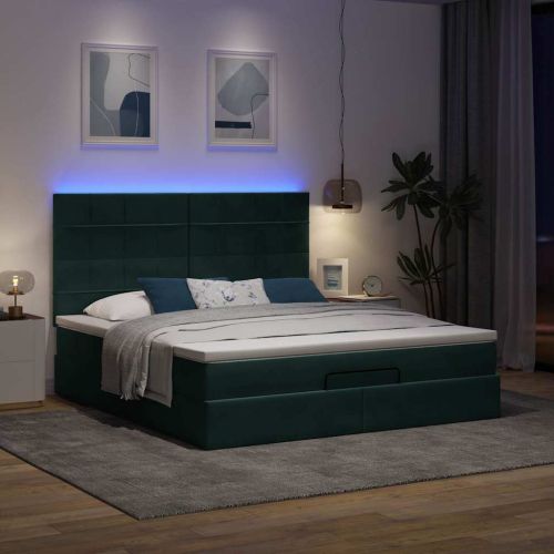 Османска легло с матраци и LED, тъмнозелено, 160x200 см, кадифе