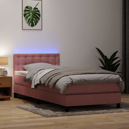 Боксспринг легло с матрак и LED, розова, 90x220 см, кадифе