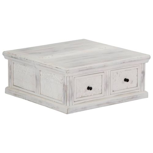 Маса за кафе, бяла, 70x70x30 см, мангово дърво масив