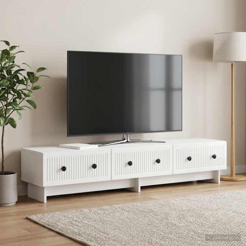 ТВ шкаф Бял гланц 147 x 34,5 x 30 см Инженерна дървесина