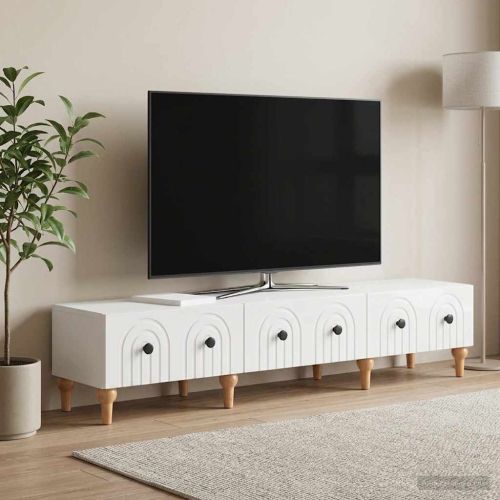 ТВ шкаф Бял гланц 147 x 34,5 x 30 см Инженерна дървесина