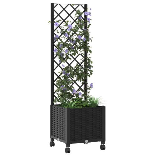 Градински сандък с решетка и колела Черно 40 x 40 x 146 см ПП