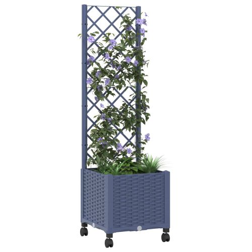 Градински сандък с решетка и колела Синьо сиво 40 x 40 x 146 см