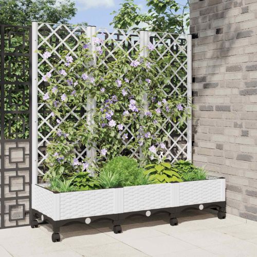 Градински сандък с решетка и колела Бяло 120 x 40 x 131,5 см ПП
