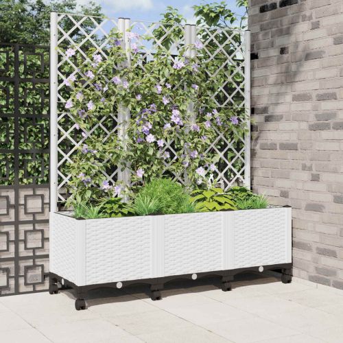 Градински сандък с решетка и колела Бяло 120 x 40 x 146 см ПП